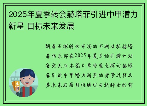 2025年夏季转会赫塔菲引进中甲潜力新星 目标未来发展