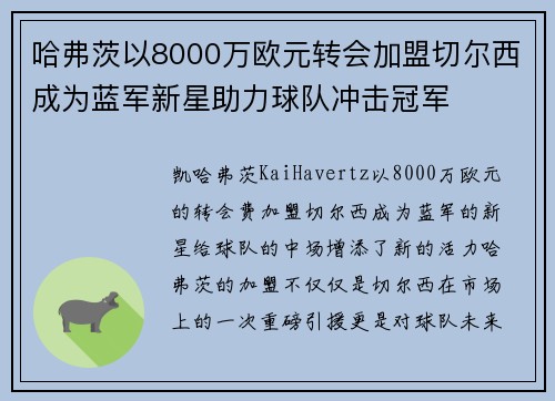 哈弗茨以8000万欧元转会加盟切尔西成为蓝军新星助力球队冲击冠军